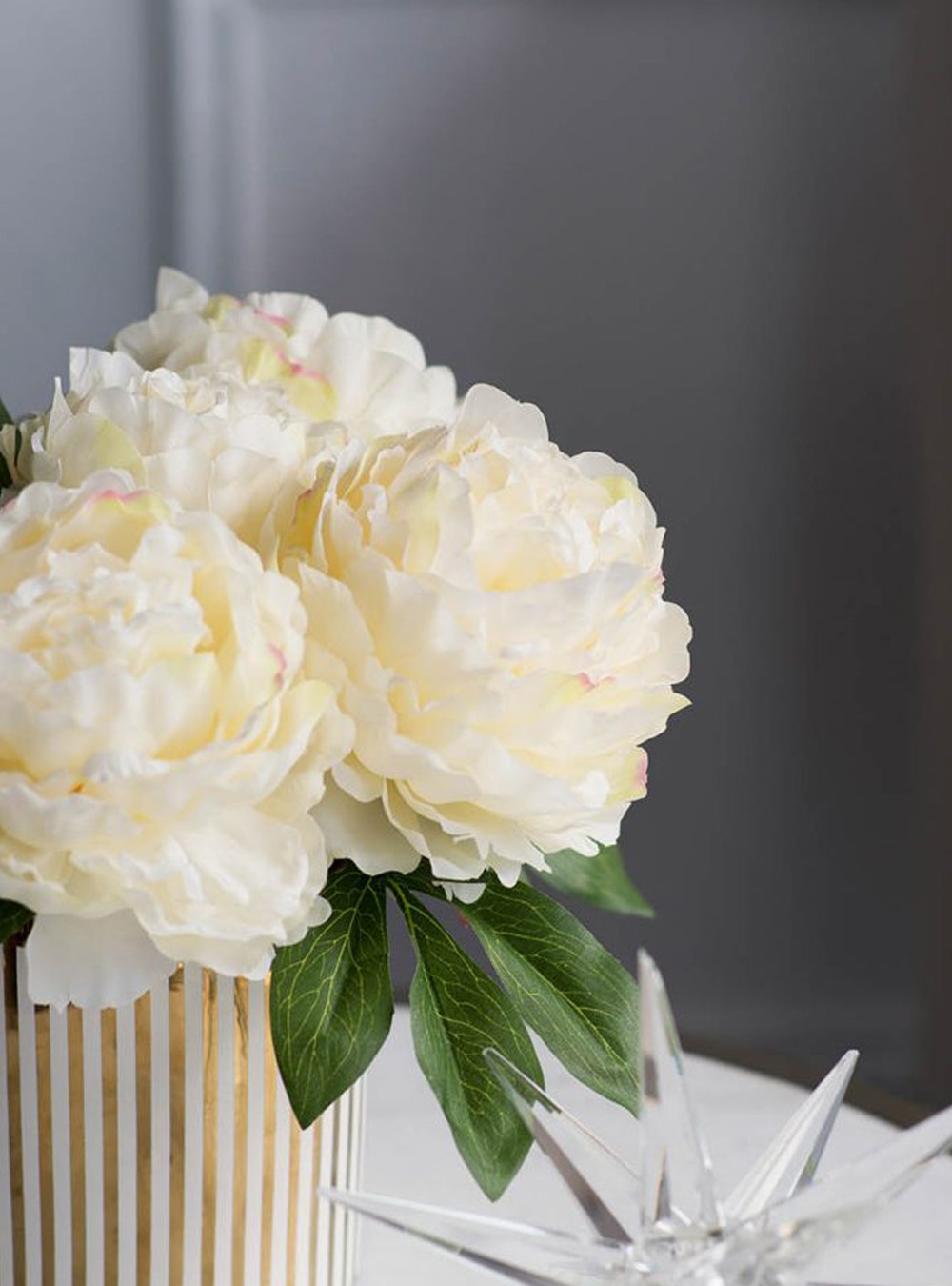 Artificial White Peonies in Striped Gold Pot